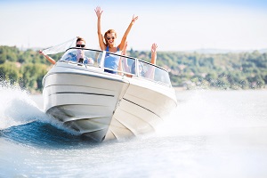 happy family on a high speed boat